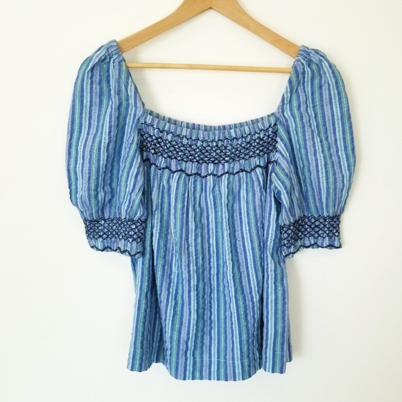 Faherty Presley Top Blue Coast Stripe Babydoll Square Neck Boho Smocked Organic - Picture 14 of 14